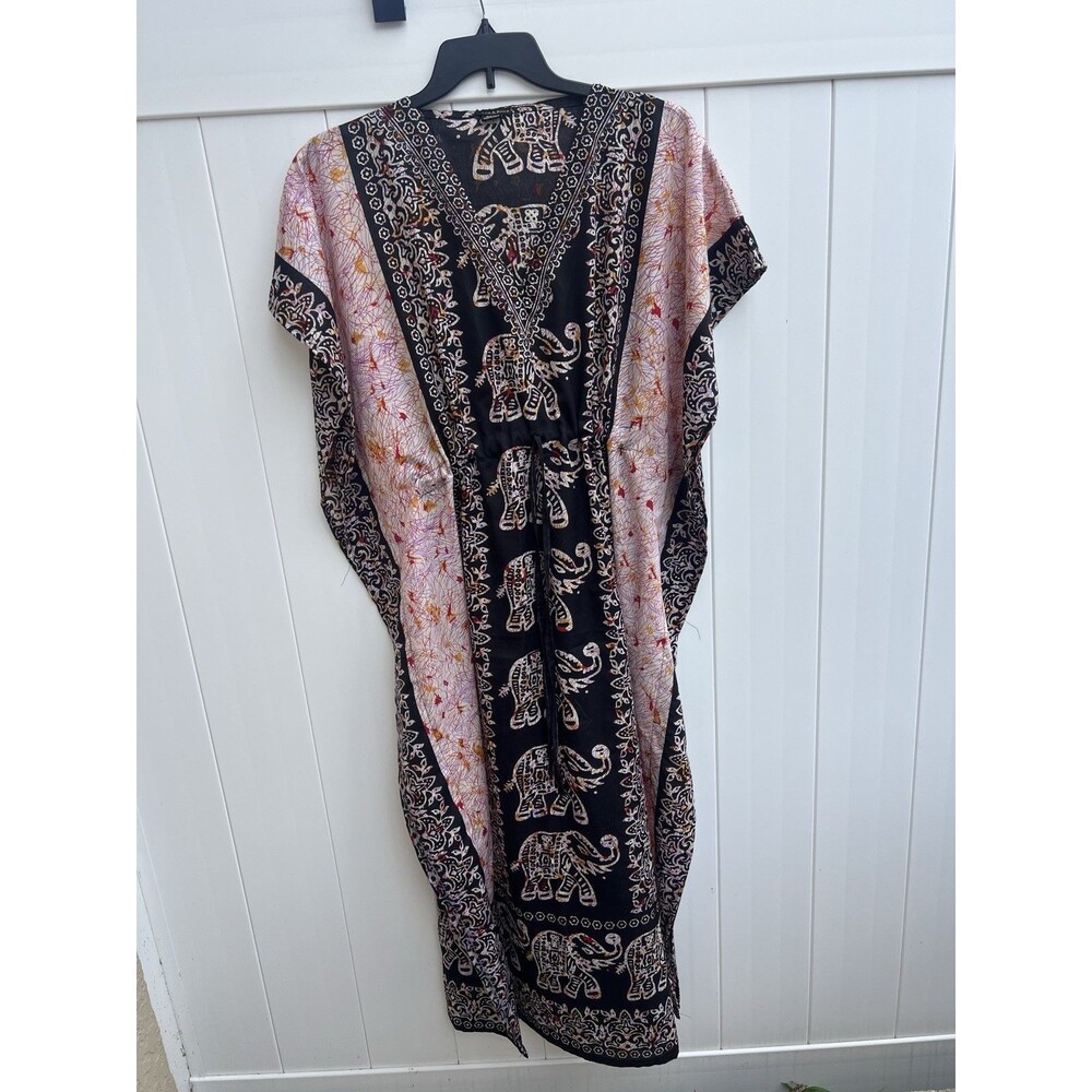 Ana & Rose OSFM Caftan Dress Cover Up Vibrant Floral Elephant Sheer Tie Waist